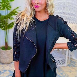 🆕🌿🖤MICHEL: BLACK Solid Faux Suede Moto Jacket MEDIUM